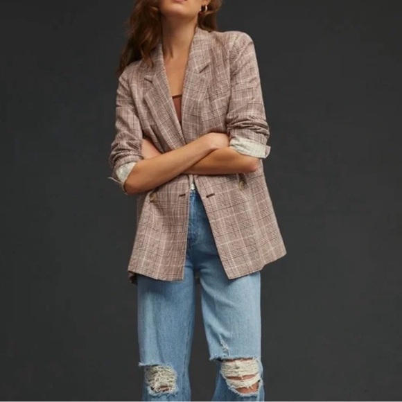 026 ANTHROPOLOGIE Maeve Women's Oversized Linen Plaid Blazer - Brown, Sz 8 - Picture 8 of 9